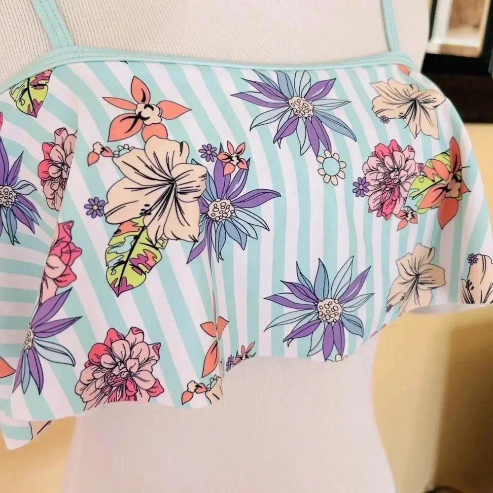 Limeapple Girls Ruffle Square Neck Bikini Swim Set Floral Stripe 16 EUC